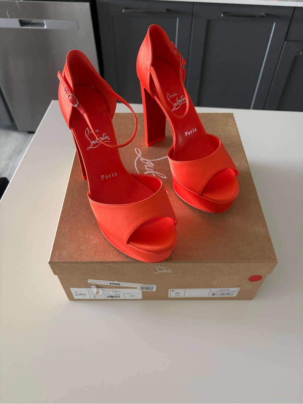 Christian Louboutin Bright Orange Satin Platform Ankle-Strap Heels
